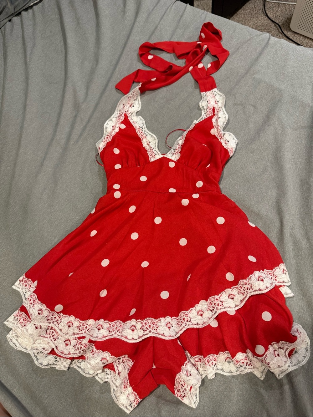 Altar'd State Red Polka Dot Lace-Trim Halter Romper